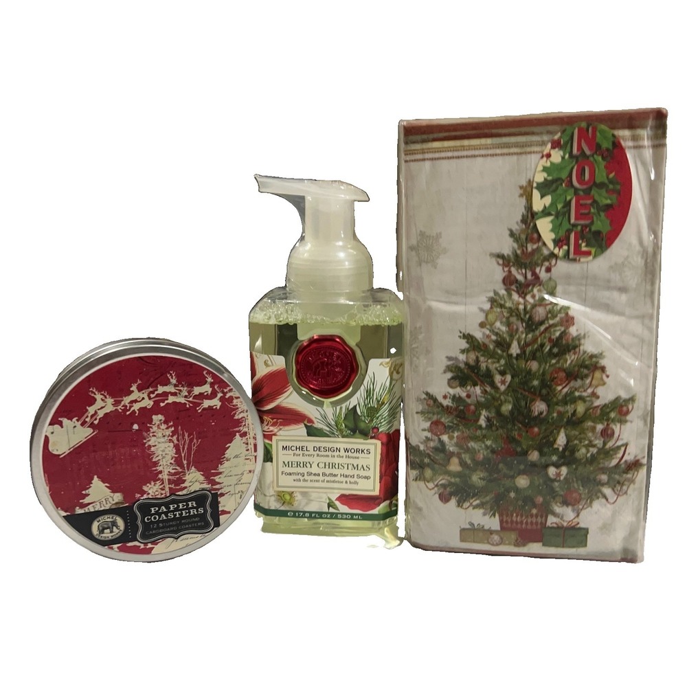 Michel Design Works Set Merry Christmas Shea Butter Hand Soap coasters Towels